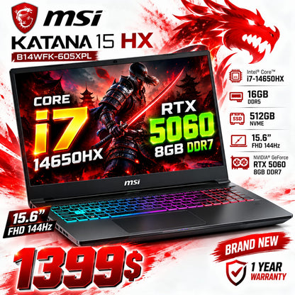 MSI Katana 15 HX B14WFK-605XPL 15.6 FHD 144Hz Core i7 14650HX 16GB DDR5 512GB SSD RTX 5060 8GB Laptop (New)