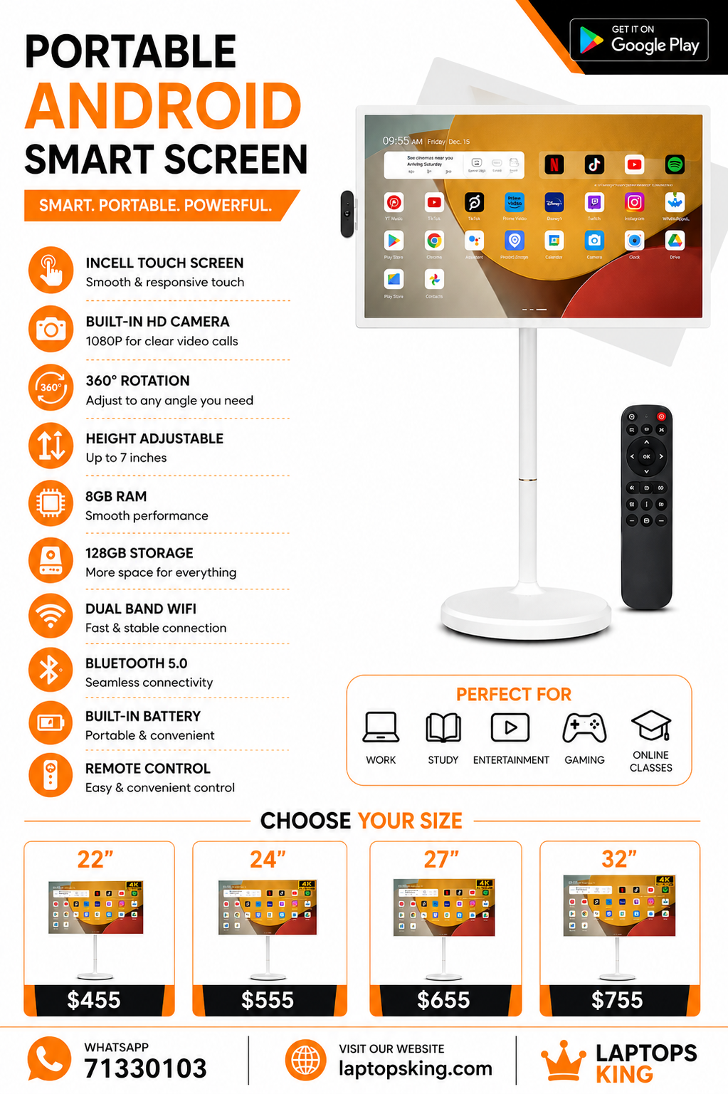 ERGOFLEX Portable Android Smart Touch Screen with Camera 8GB RAM 128GB Storage 24" (New)