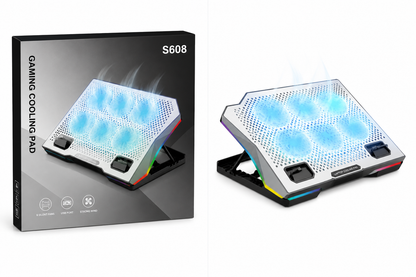 S608 Gaming Laptop Cooling Pad 8 Fans Blue LED Lighting Adjustable Stand Fits 12" to 17" Laptops (New)