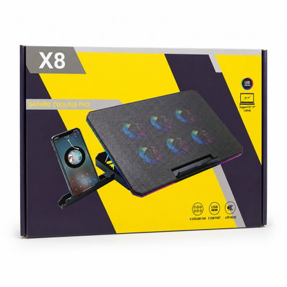 X8 Gaming Laptop Cooling Pad 6 Quiet Fans RGB LED Lighting Phone Holder Fits 12" to 17" Laptops (New)