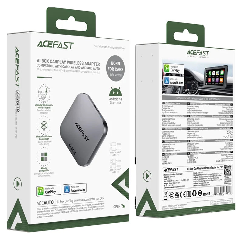 ACEFAST QC2 AI Box Wireless CarPlay Android Auto Adapter (New)