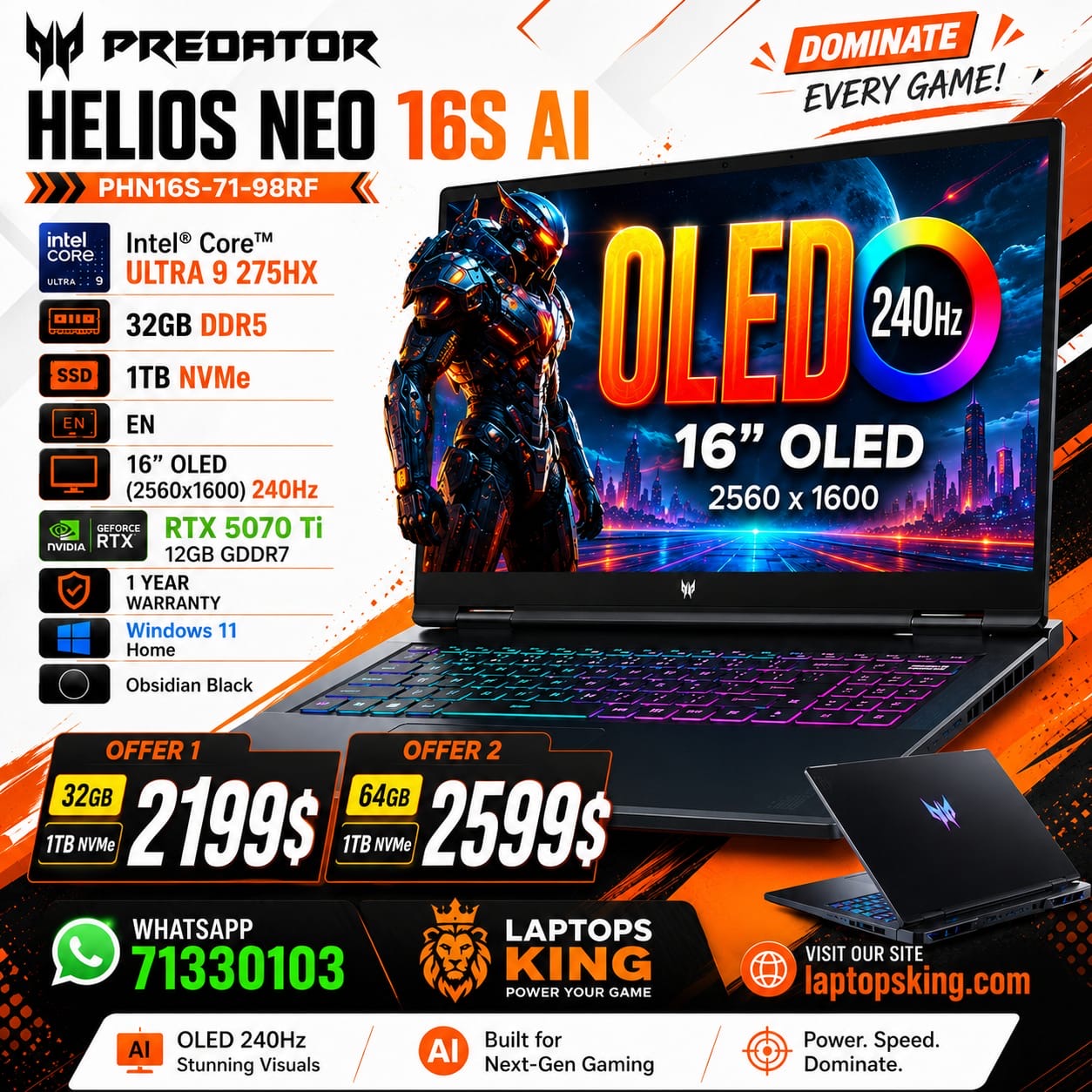 Acer Predator Helios Neo 16S AI PHN16S-71-98RF Gaming Laptop Core Ultra 9 275HX 32GB DDR5 1TB NVMe 16-inch OLED RTX 5070 Ti 12GB 240Hz (New)