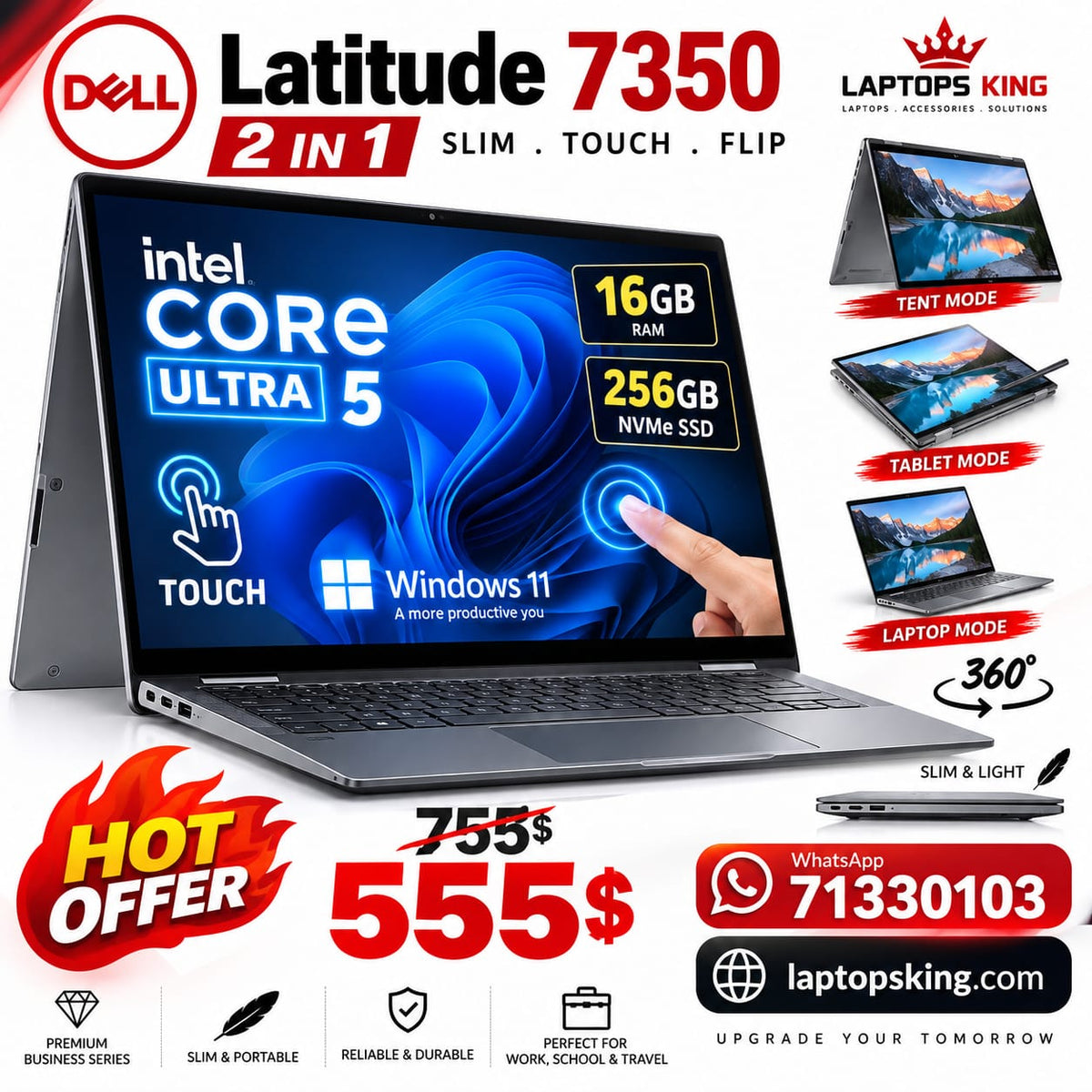 Dell Latitude 7350 2-in-1 Touchscreen Intel Core Ultra 5 16GB RAM 256GB NVMe SSD Laptop (New OB)