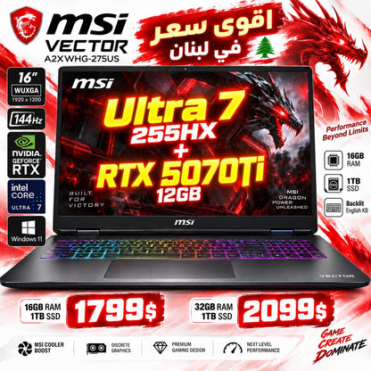 MSI Vector 16 A2XWHG-275US Gaming Laptop Intel Core Ultra 7 255HX NVIDIA GeForce RTX 5070 Ti 12GB 16" WUXGA 144Hz (New)