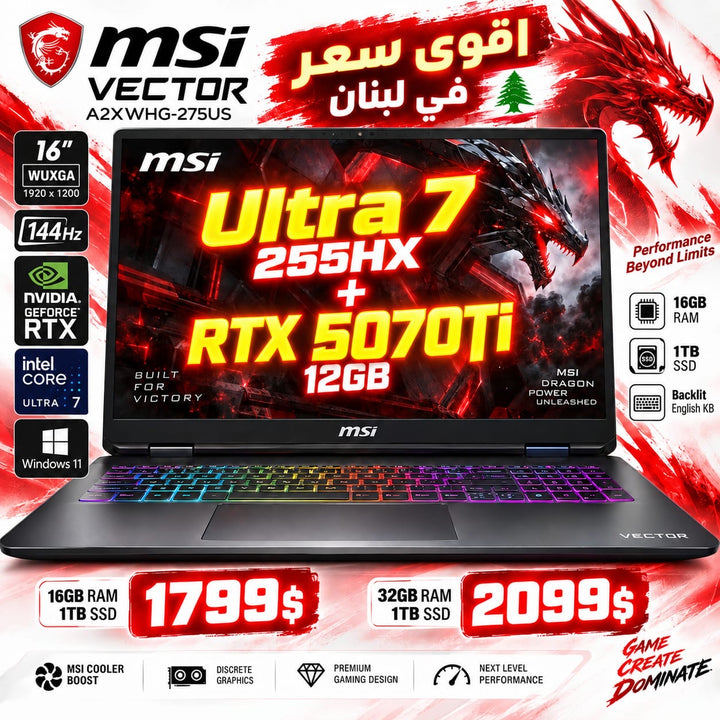 MSI Vector 16 A2XWHG-275US Gaming Laptop Intel Core Ultra 7 255HX NVIDIA GeForce RTX 5070 Ti 12GB 16" WUXGA 144Hz (New OB)