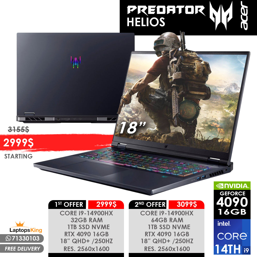 ACER PREDATOR HELIOS  CORE i9-14900HX RTX 4090 QHD+ 250HZ 18" GAMING LAPTOPS (BRAND NEW)