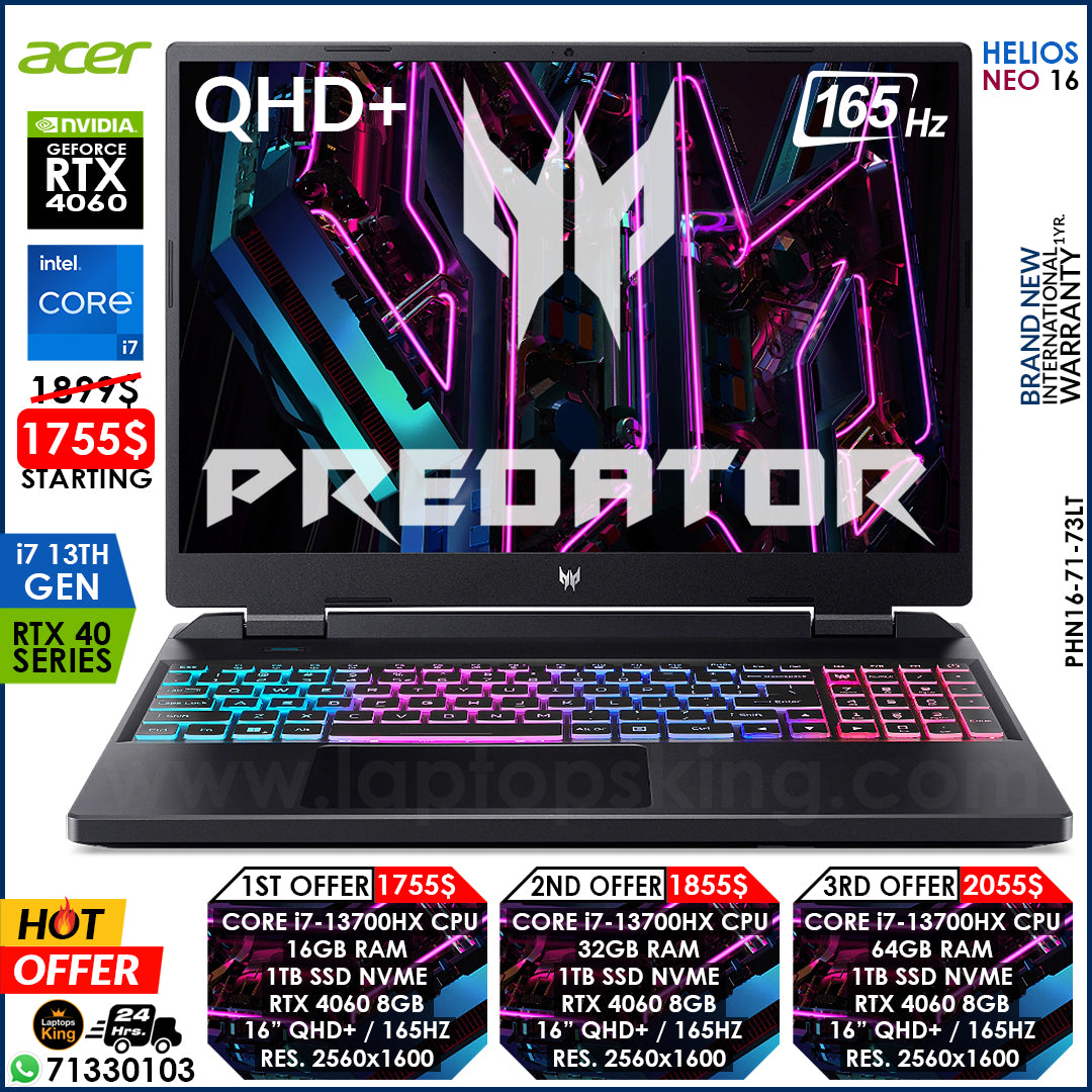 Acer Predator Helios Neo 16 PHN16-71-73LT Core i7-13700hx Rtx 4060 165hz Qhd+ Gaming Laptops (Brand New)