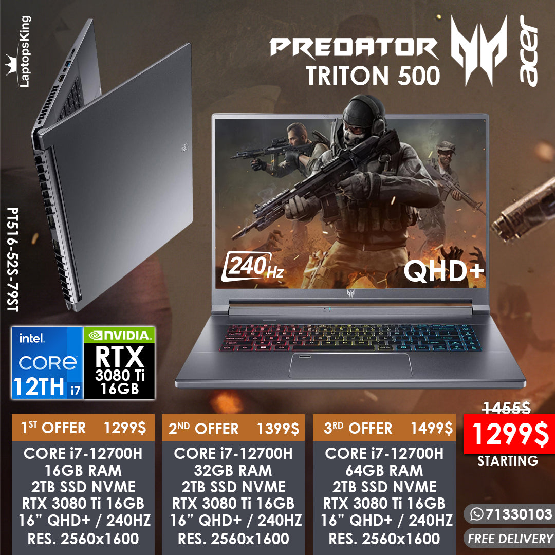 Acer Predator Triton 500 PT516-52S-79ST Core i7-12700h Rtx 3080 Ti 240hz Qhd+ 16” Gaming Laptops (New OB)