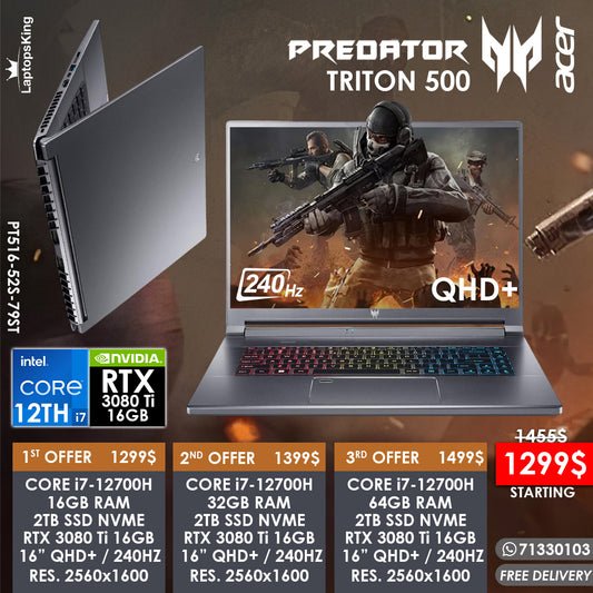 Acer Predator Triton 500 PT516-52S-79ST Core i7-12700h Rtx 3080 Ti 240hz Qhd+ 16” Gaming Laptops (New OB)