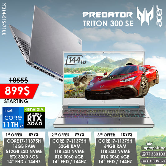 Acer Predator Triton 300 Se PT314-51S-71UU Core i7-11375h Rtx 3060 144hz 14” Gaming Laptops (New OB)