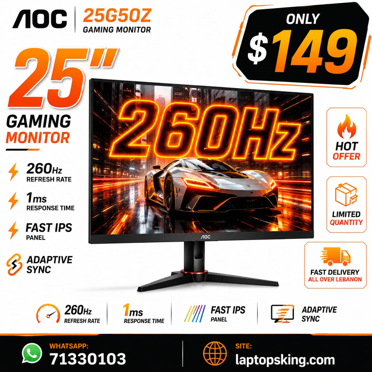 AOC 25G50Z Fast IPS 260Hz Gaming Monitor 25" (New)