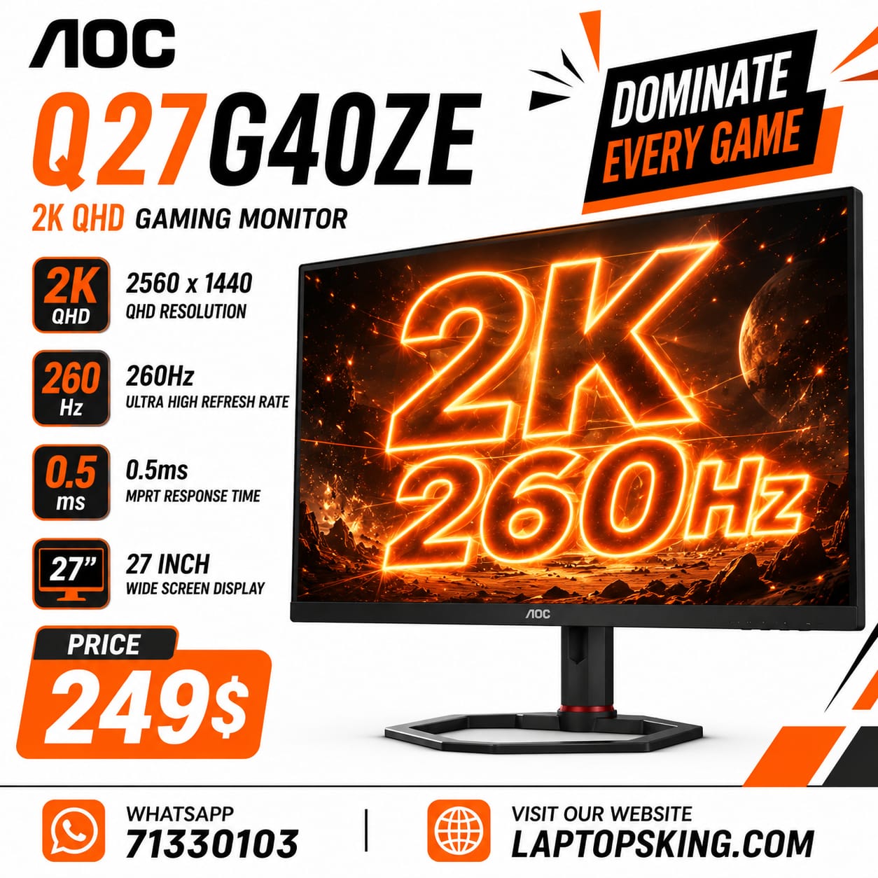 AOC Q27G40ZE QHD 2K 260Hz Gaming Monitor 27" (New)