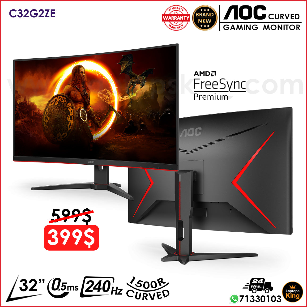 AOC C32G2ZE 32" Fhd 240hz 0.5ms Curved Gaming Monitor (Brand New)