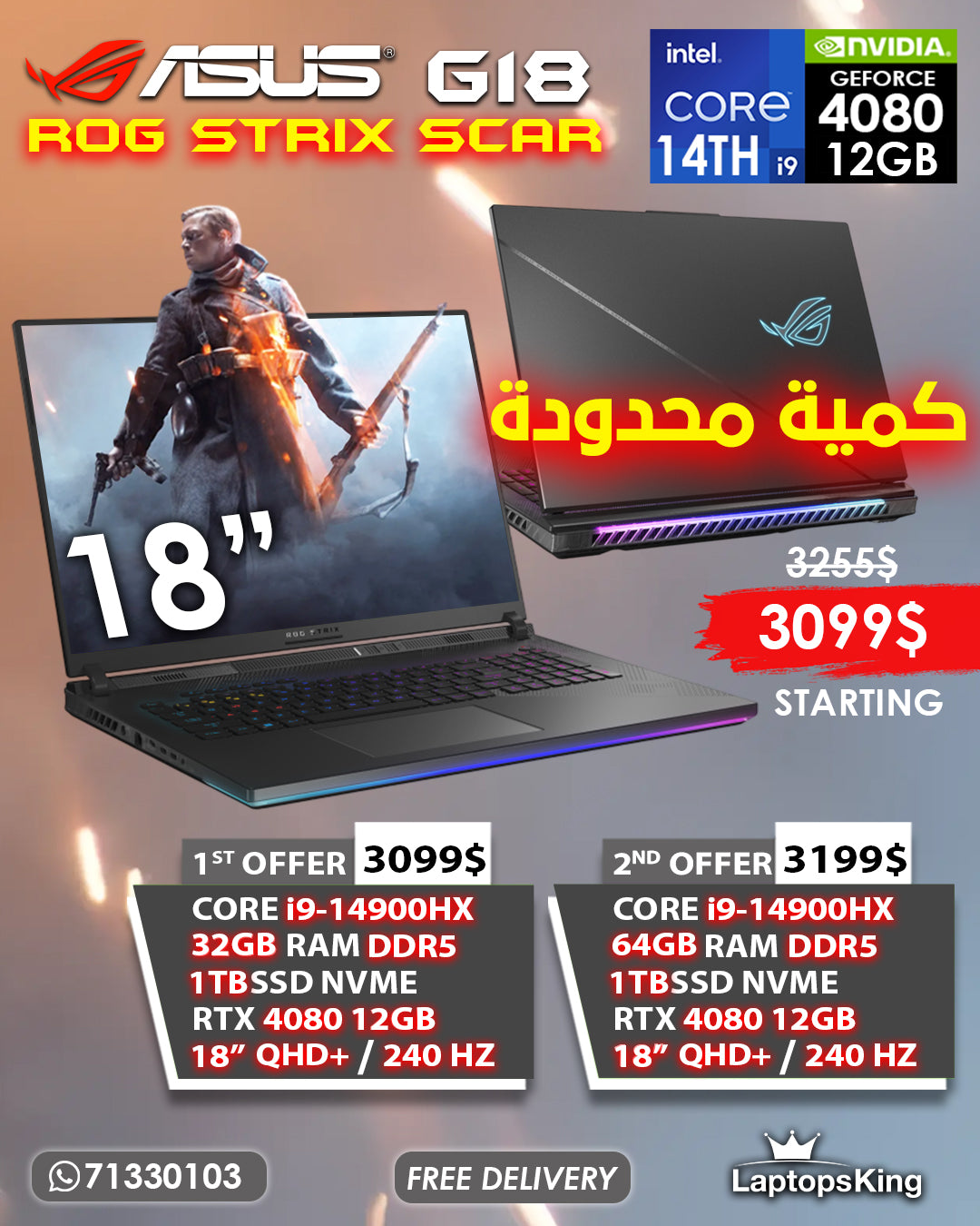 ASUS ROG STRIX SCAR G18 CORE i9-14900HX RTX 4080 240HZ 18" 2K+ GAMING LAPTOPS (BRAND NEW 1YR WARRANTY)