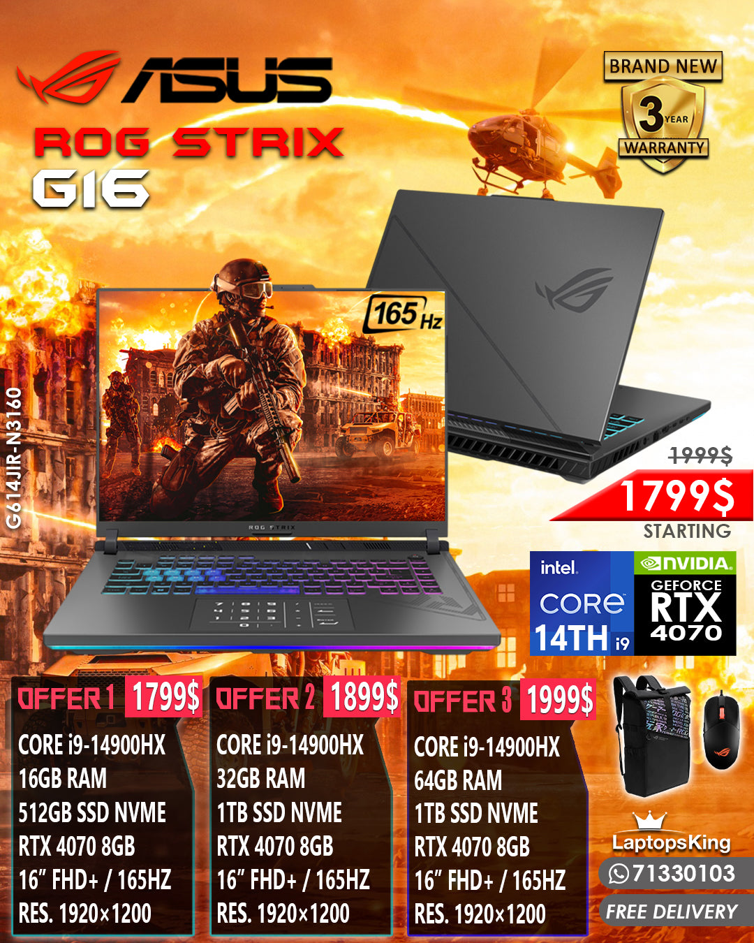 Asus Rog Strix G16 G614JIR-N3160 Core i9-14900hx Rtx 4070 165hz 16” Gaming Laptops (Brand New)