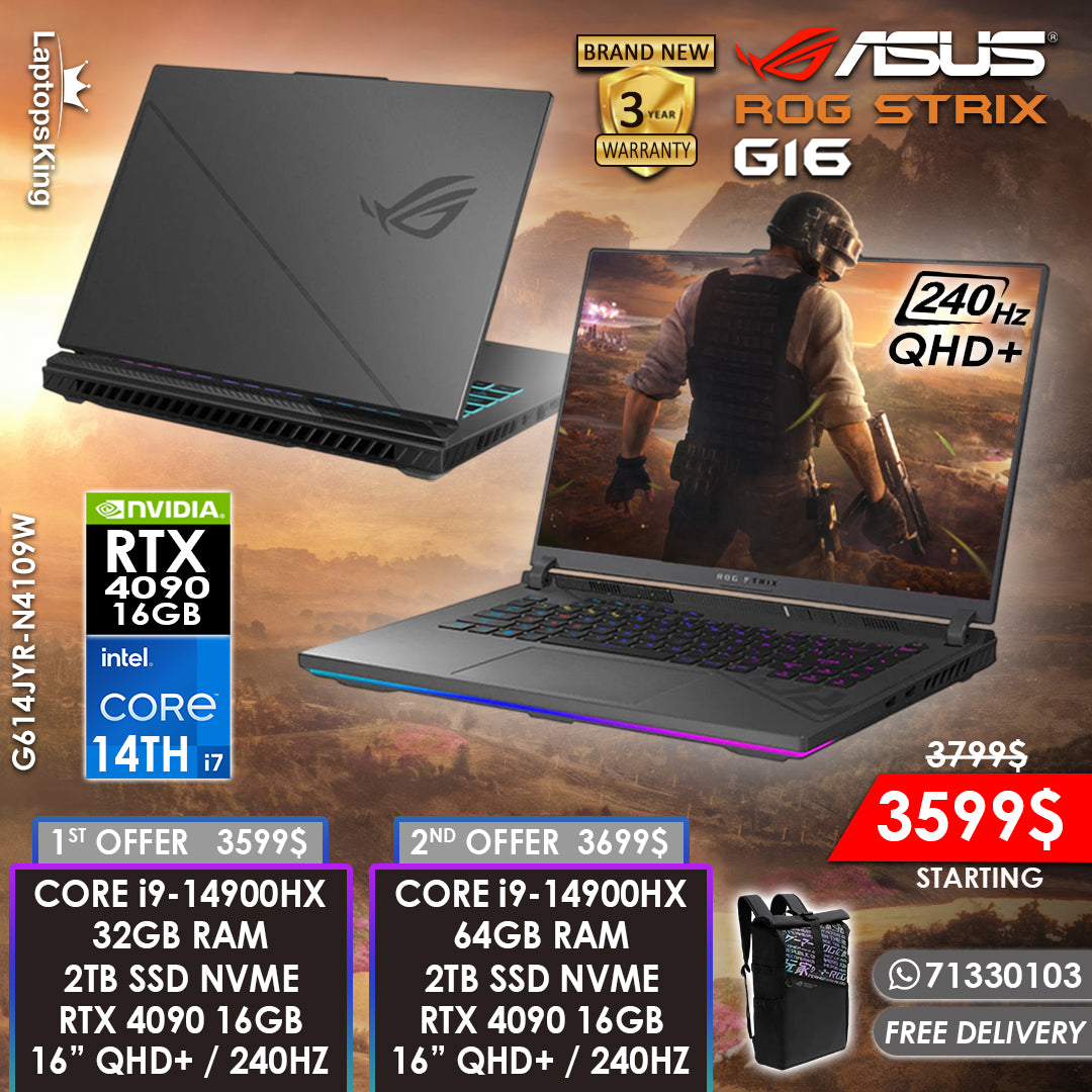 Asus Rog Strix G16 G614JYR-N4109W Core i9-14900hx Rtx 4090 240hz Qhd+ 16” Gaming Laptops (Brand New)