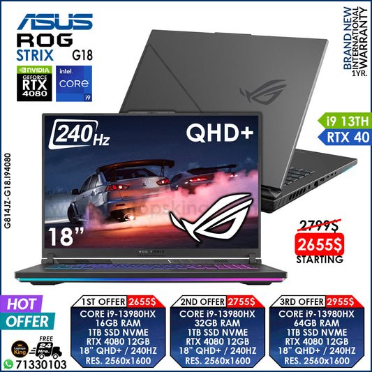 Asus Rog Strix G18 G814JZ-G18.I94080 Core i9-13980hx Rtx 4080 240hz 18" Qhd+ RGB Gaming Laptops (Brand New)