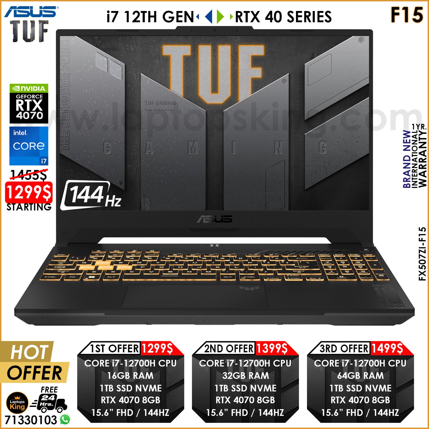 Asus Tuf F15 FX507ZI-F15 Military Grade Core i7-12700h Rtx 4070 144Hz Gaming Laptop Offers (Brand New)
