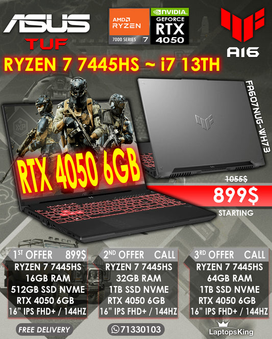 ASUS TUF A16 FA607NUG-WH73 RYZEN 7 7435HS RTX 4050 6GB 16" FHD+ 144HZ MILITARY GRADE GAMING LAPTOPS (BRAND NEW 1YR WARRANTY)