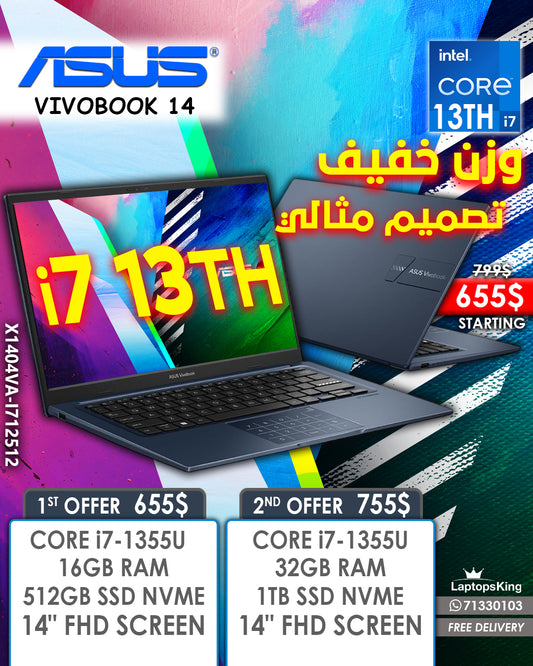 ASUS VIVOBOOK 14 X1404VA-I712512 CORE i7-1355U 14” FHD CREATOR LAPTOPS (BRAND NEW 1YR WARRANTY)
