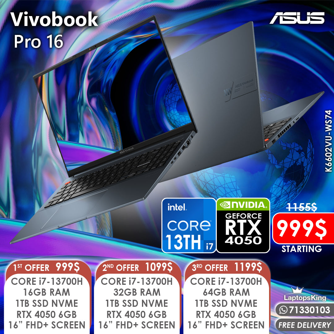 Asus Vivobook Pro 16 K6602VU-WS74 Core i7-13700h Rtx 4050 16” Creator Laptops (New OB)