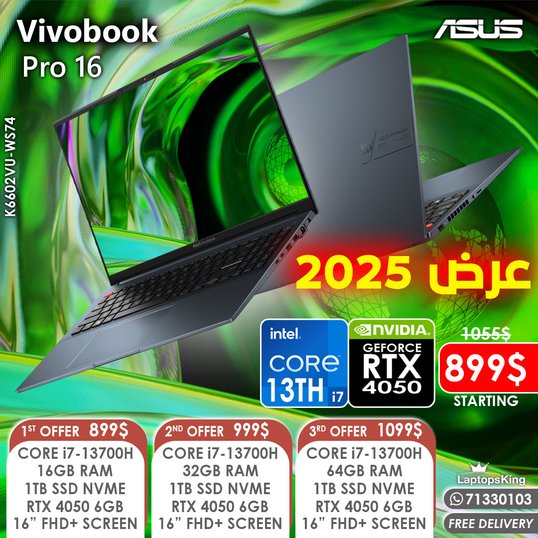 Asus Vivobook Pro 16 K6602VU-WS74 Core i7-13700h Rtx 4050 16” Creator Laptops (New OB)