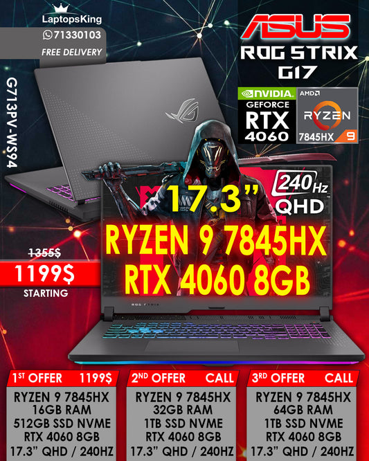 ASUS ROG STRIX G17 G713PV-WS94 RYZEN 9 7845HX RTX 4060 17.3" QHD 240HZ GAMING LAPTOPS (NEW 1YR. WARRANTY)