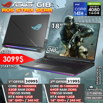 ASUS ROG STRIX SCAR G18 CORE i9-14900HX RTX 4080 240HZ 18" 2K+ GAMING LAPTOPS (BRAND NEW 3YRS WARRANTY)