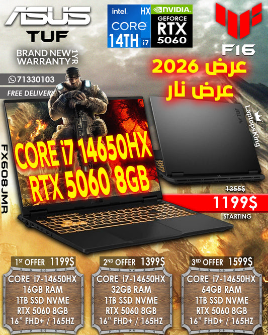 ASUS TUF F16 FX608JMR CORE i7-14650HX RTX 5060 15.6” FHD 165HZ MILITARY GRADE GAMING LAPTOP ( BRAND NEW 1YR WARRANTY)