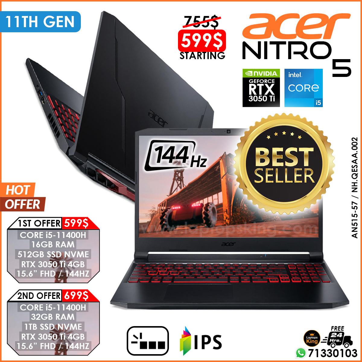 Acer Nitro 5 AN515-57 / NH.QESAA.002 Core i5-11400h Rtx 3050 Ti 144hz Gaming Laptop Offers (New OB)