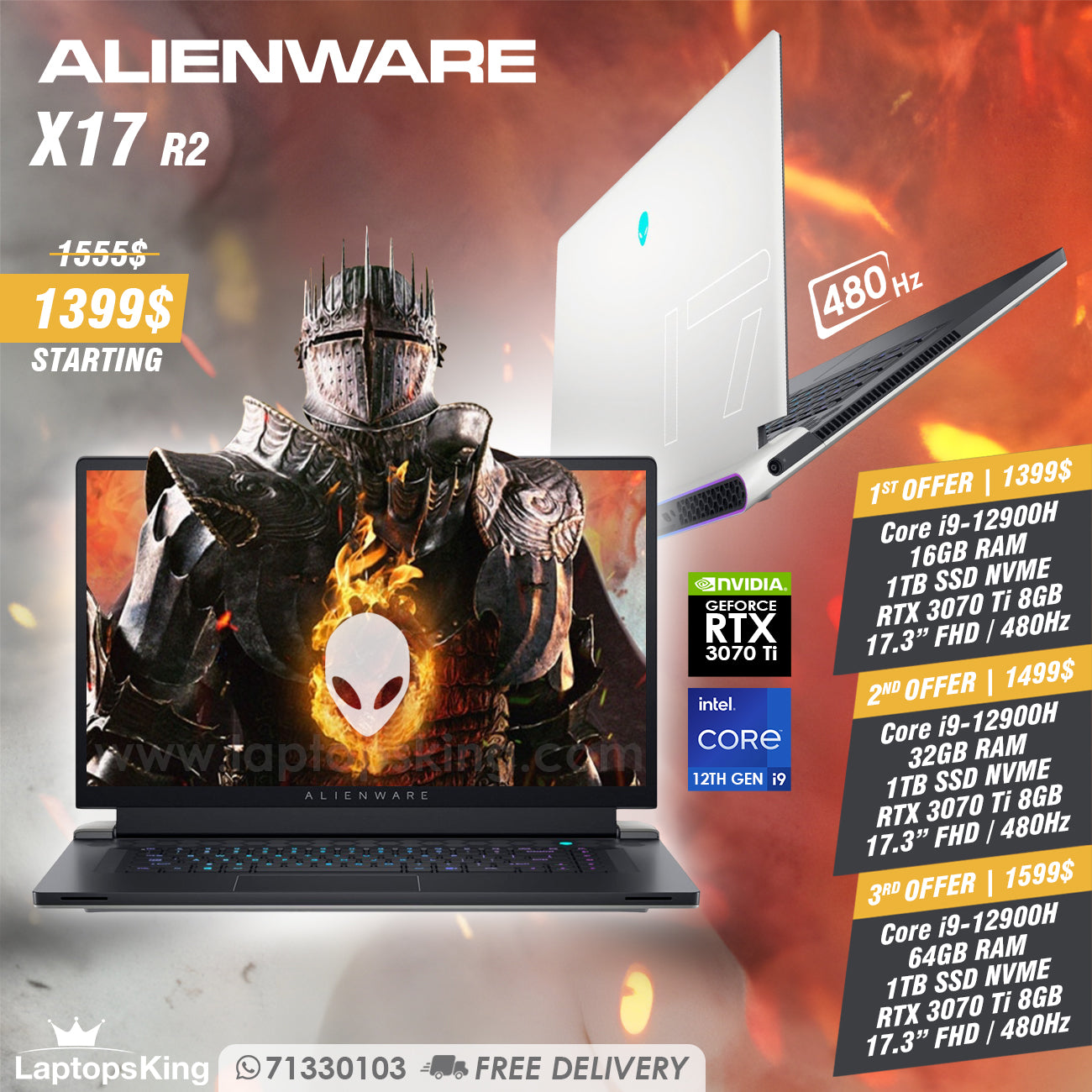 Alienware X17 R2 Core i9-12900h Rtx 3070 Ti 480hz 17.3" Gaming Laptops (New OB)