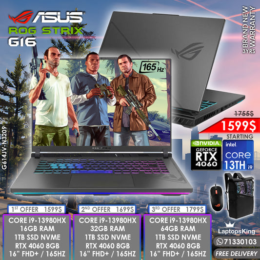 Asus Rog Strix G16 G614JV-N3209 Core i9-13980hx Rtx 4060 165hz 16" Gaming Laptops (Brand New)