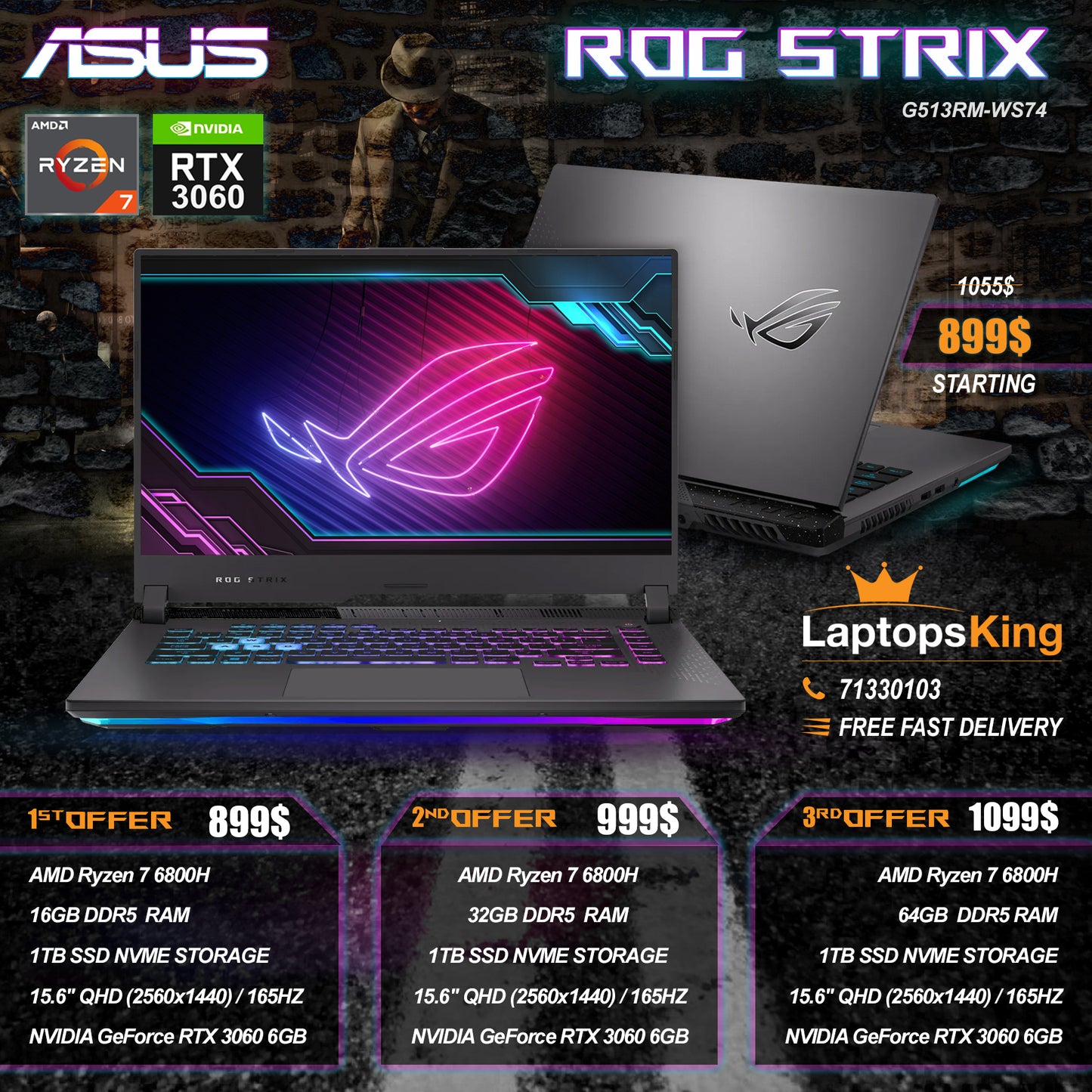 Asus Rog Strix G15 G513RM-WS74 Ryzen 6800h Rtx 3060 165hz Qhd