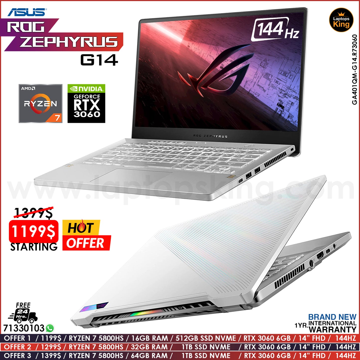 Asus Rog Zephyrus G14 GA401QM-G14.R73060 Ryzen 7 5800hs Rtx 3060 144hz Gaming Laptops (Brand New)