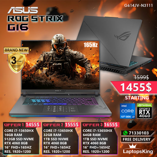 Asus Rog Strix G16 G614JV-N3111 Core i7-13650hx Rtx 4060 165hz 16" Gaming Laptops (Brand New)