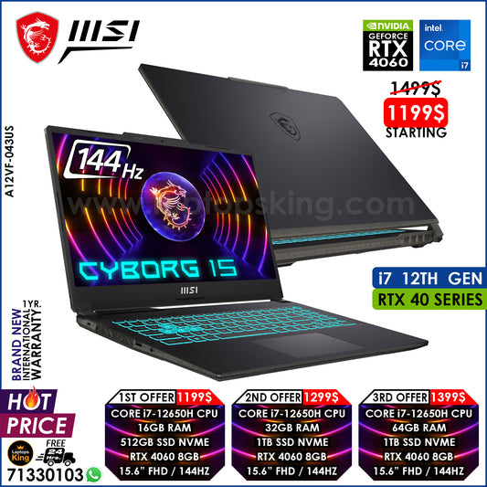 Msi Cyborg 15 A12VF-043US Core i7-12650H Rtx 4060 144hz Gaming Laptops (Brand New)