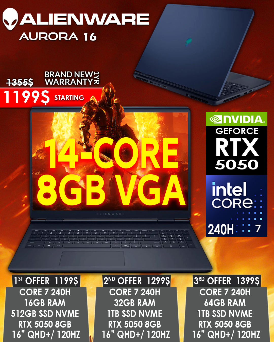ALIENWARE AURORA 16 CORE 7 240H RTX 5050 8GB 16” QHD+ 240HZ GAMING LAPTOP (BRAND NEW 1YR WARRANTY)