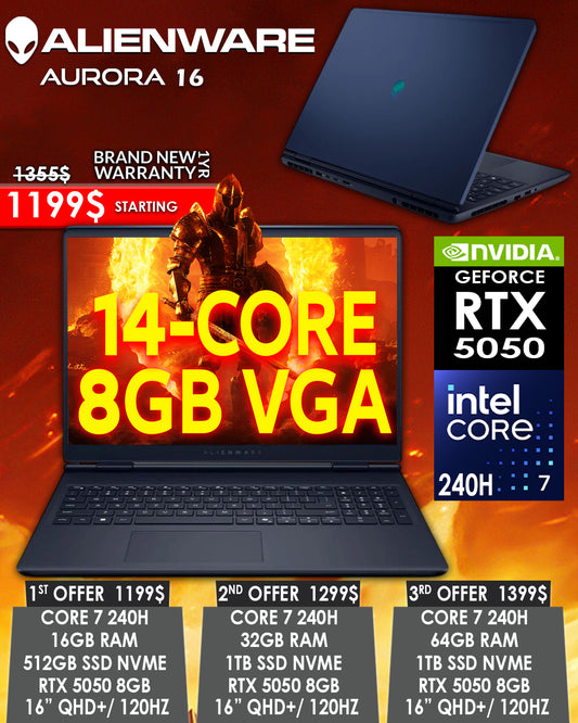 ALIENWARE AURORA 16 CORE 7 240H RTX 5050 8GB 16” QHD+ 240HZ GAMING LAPTOP (BRAND NEW 1YR WARRANTY)