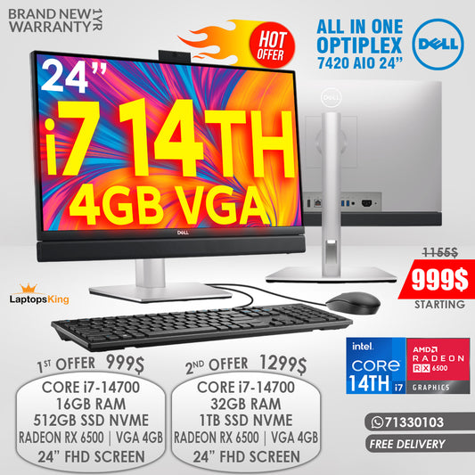 Dell Optiplex 7420 All In One Core i7-14700 Radeon Rx 6500 24” AIO Desktop Computers (Brand New)
