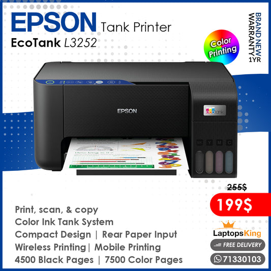 Epson Ecotank L3252 | Color Printing | 3in1 Wireless Tank Printer (Brand New)