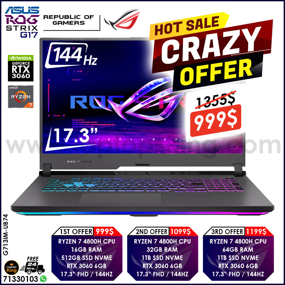 Asus Rog Strix G17 G713IM-UB74 Ryzen 7 4800h Rtx 3060 144hz 17.3" RGB Gaming Laptop Offers (New OB)