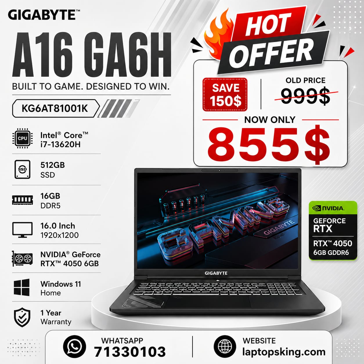 Gigabyte A16 GA6H KG6AT81001K Gaming Laptop i7-13620H 16GB 512GB 16-inch RTX 4050 (New)