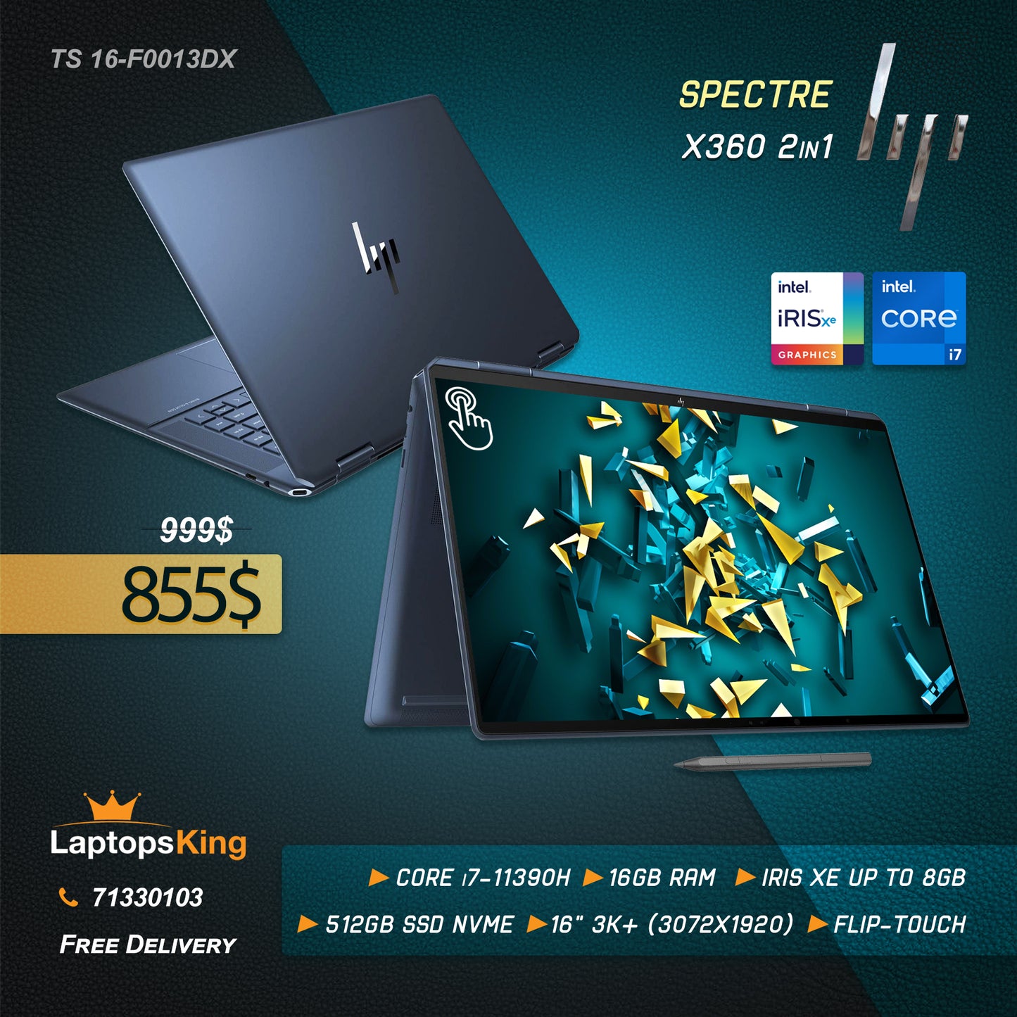 Hp Spectre X360 TS 16-F0013DX Core i7-11390h Iris Xe 3k+ 16" 2in1 Laptop Offer (New OB)