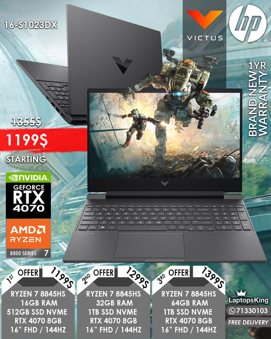 HP VICTUS 16-S1023DX RYZEN 7 8845HS RTX 4070 16.1" FHD 144HZ GAMING LAPTOP