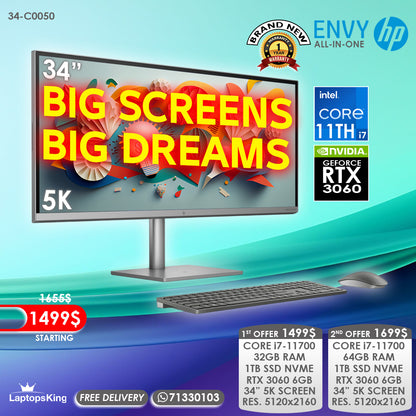Hp Envy All In One 34-C0050 Core i7-11700 Rtx 3060 34” 5k Desktop Computers (Brand New)