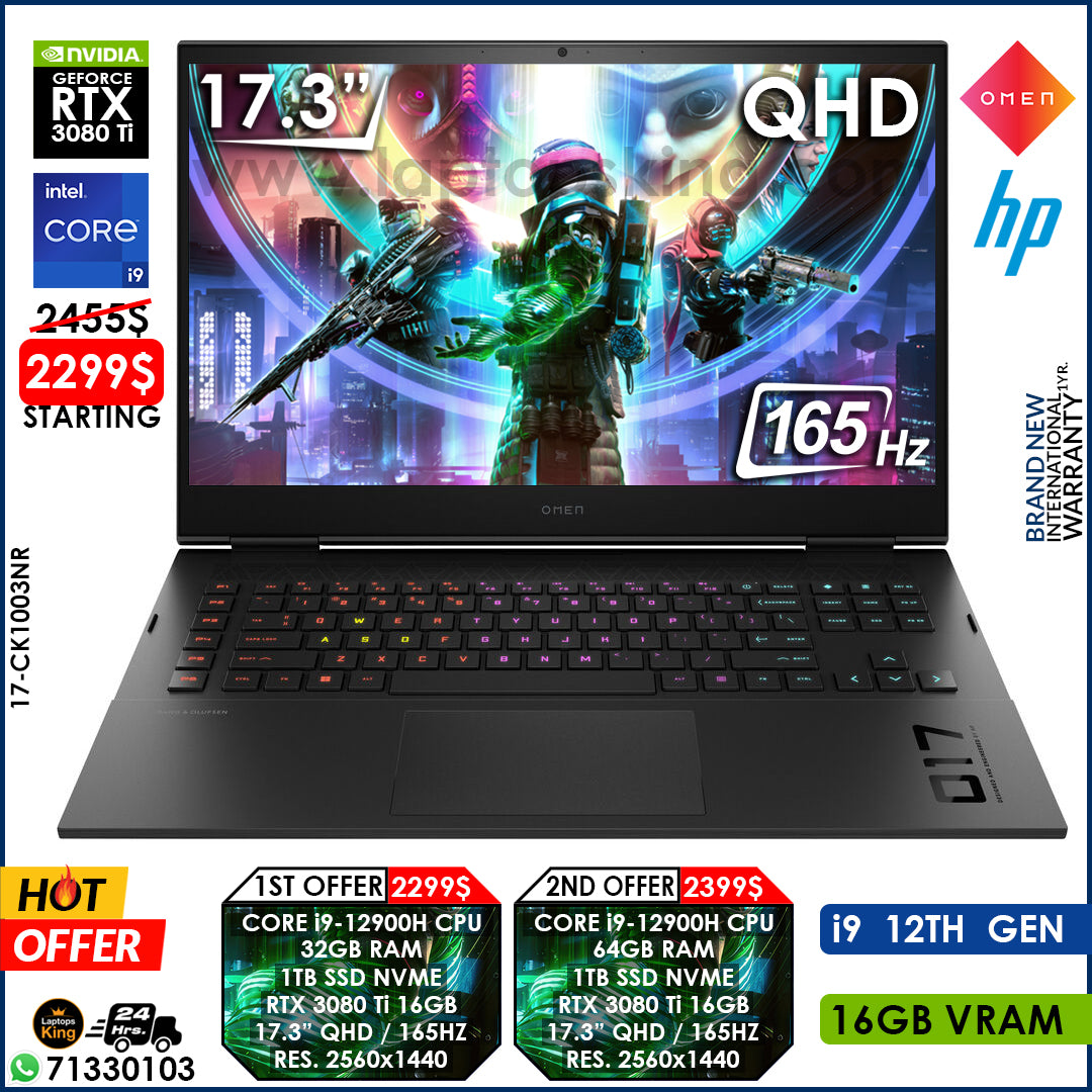HP Omen 17-CK1003NR Core i9-12900h Rtx 3080 Ti 165hz Qhd 17.3" Gaming Laptops (Brand New)