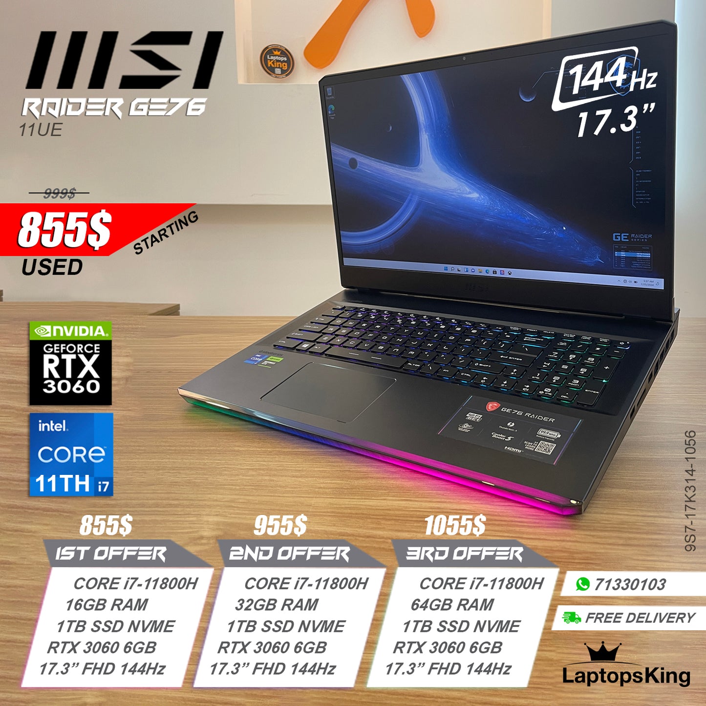 Msi Raider GE76 11UE 9S7-17K314-1056 Steelseries Core i7-11800h Rtx 3060 144hz 17.3" Gaming Laptops (Used Very Clean)