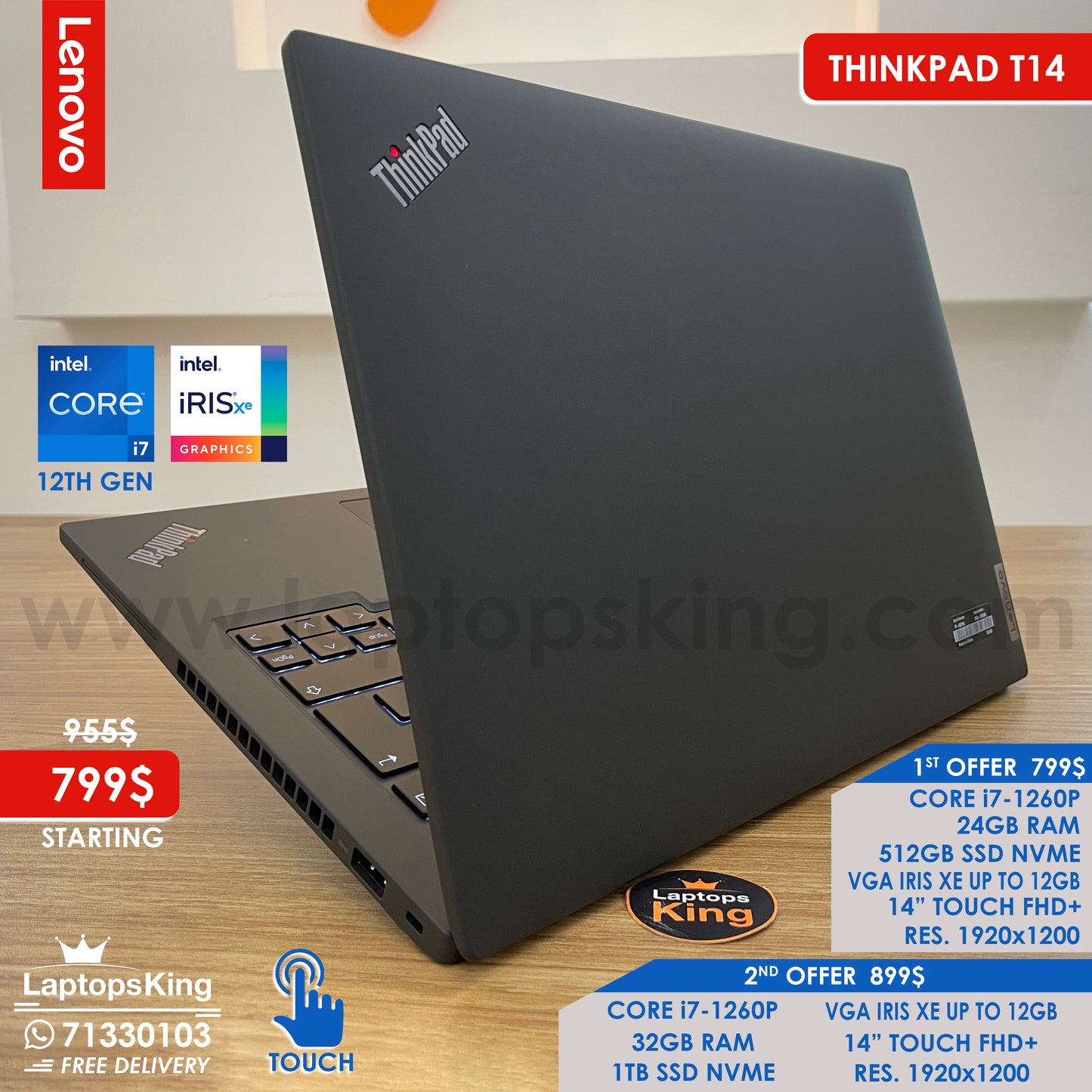 Lenovo Thinkpad T14 Core i7-1260p Iris Xe 14" Laptops (New OB)