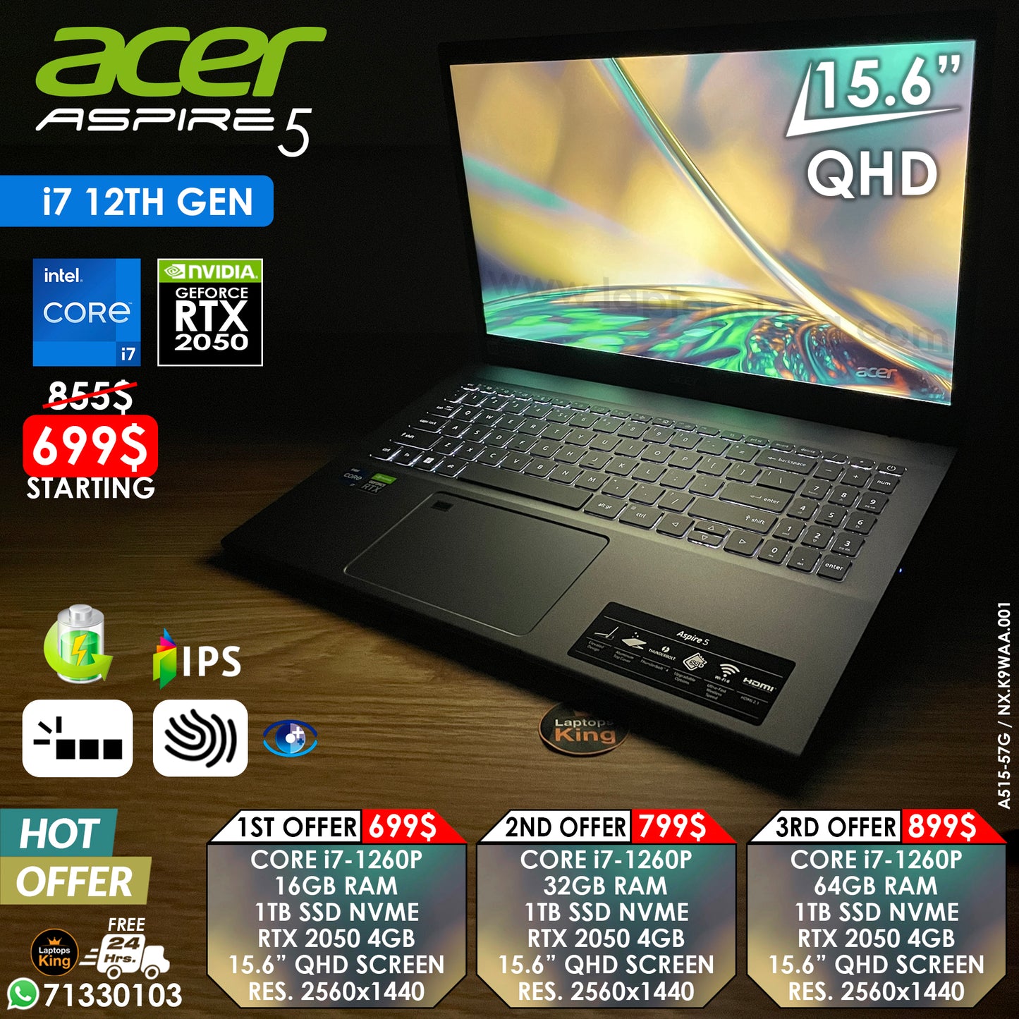 Acer Aspire 5 A515-57G / NX.K9WAA.001 Core i7-1260p Rtx 2050 15.6" Qhd Creator Laptop Offers (New OB)