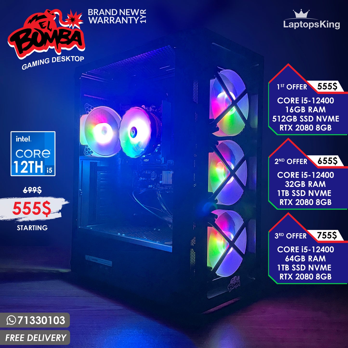 El Bomba Core i5-12400 Rtx 2080 | Rgb Gaming Desktops (Brand New)